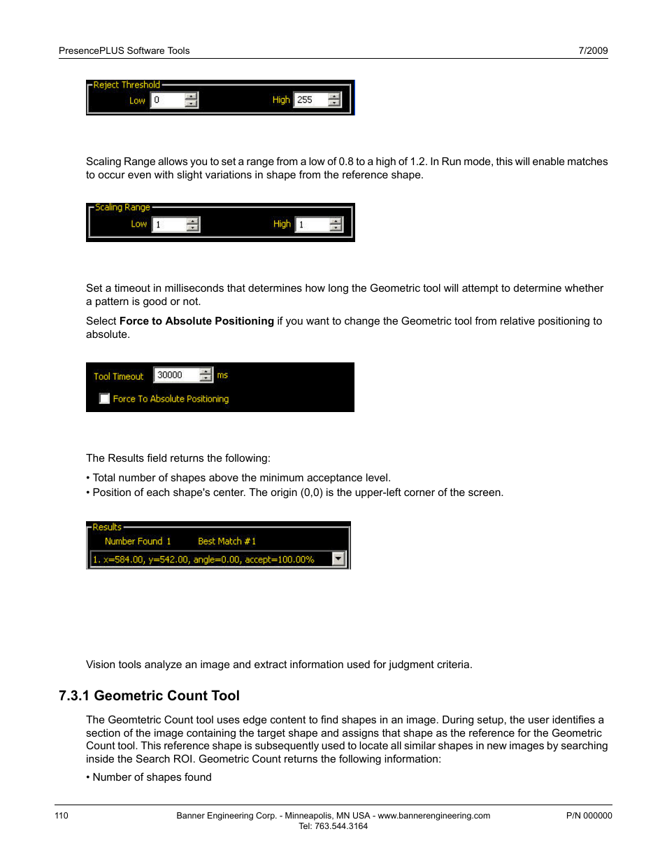 Scaling range, Tool timeout and absolute positioning, Results | 3 vision gray scale tools, 1 geometric count tool | Banner PresencePLUS P4 GEO 1.3 Series User Manual | Page 110 / 256