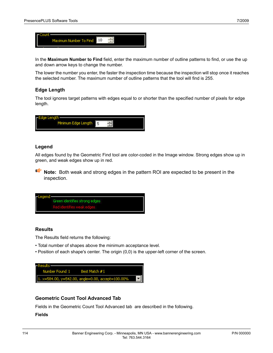 Edge length, Legend, Results | Geometric count tool advanced tab, Edge length7.2.2.3 edge length, Legend7.2.2.4 legend | Banner PresencePLUS P4 GEO 1.3 Series User Manual | Page 114 / 256