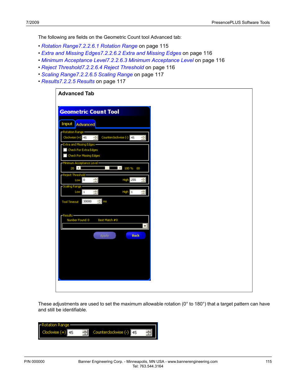Rotation range, Rotation range7.2.2.6.1 rotation range | Banner PresencePLUS P4 GEO 1.3 Series User Manual | Page 115 / 256