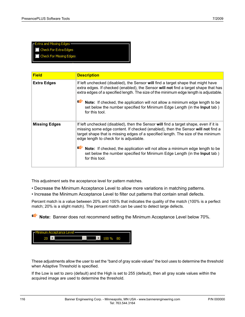 Extra and missing edges, Minimum acceptance level, Reject threshold | Reject threshold7.2.2.6.4 reject threshold | Banner PresencePLUS P4 GEO 1.3 Series User Manual | Page 116 / 256
