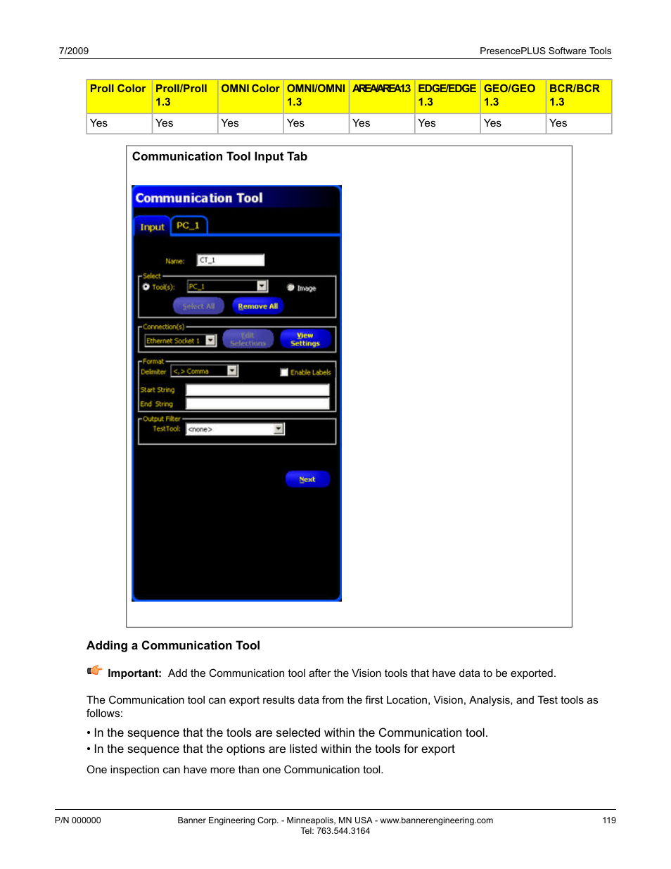 Adding a communication tool | Banner PresencePLUS P4 GEO 1.3 Series User Manual | Page 119 / 256