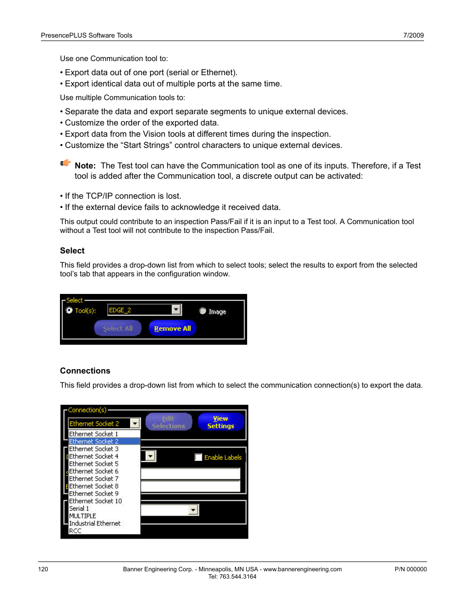 Select, Connections, Select7.4.1.2 select | Connections 7.4.1.3 connections | Banner PresencePLUS P4 GEO 1.3 Series User Manual | Page 120 / 256