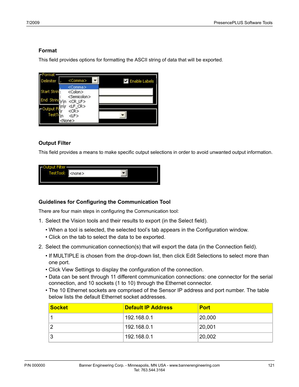 Format, Output filter, Guidelines for configuring the communication tool | Format7.4.1.4 format, Output filter7.4.1.5 output filter | Banner PresencePLUS P4 GEO 1.3 Series User Manual | Page 121 / 256