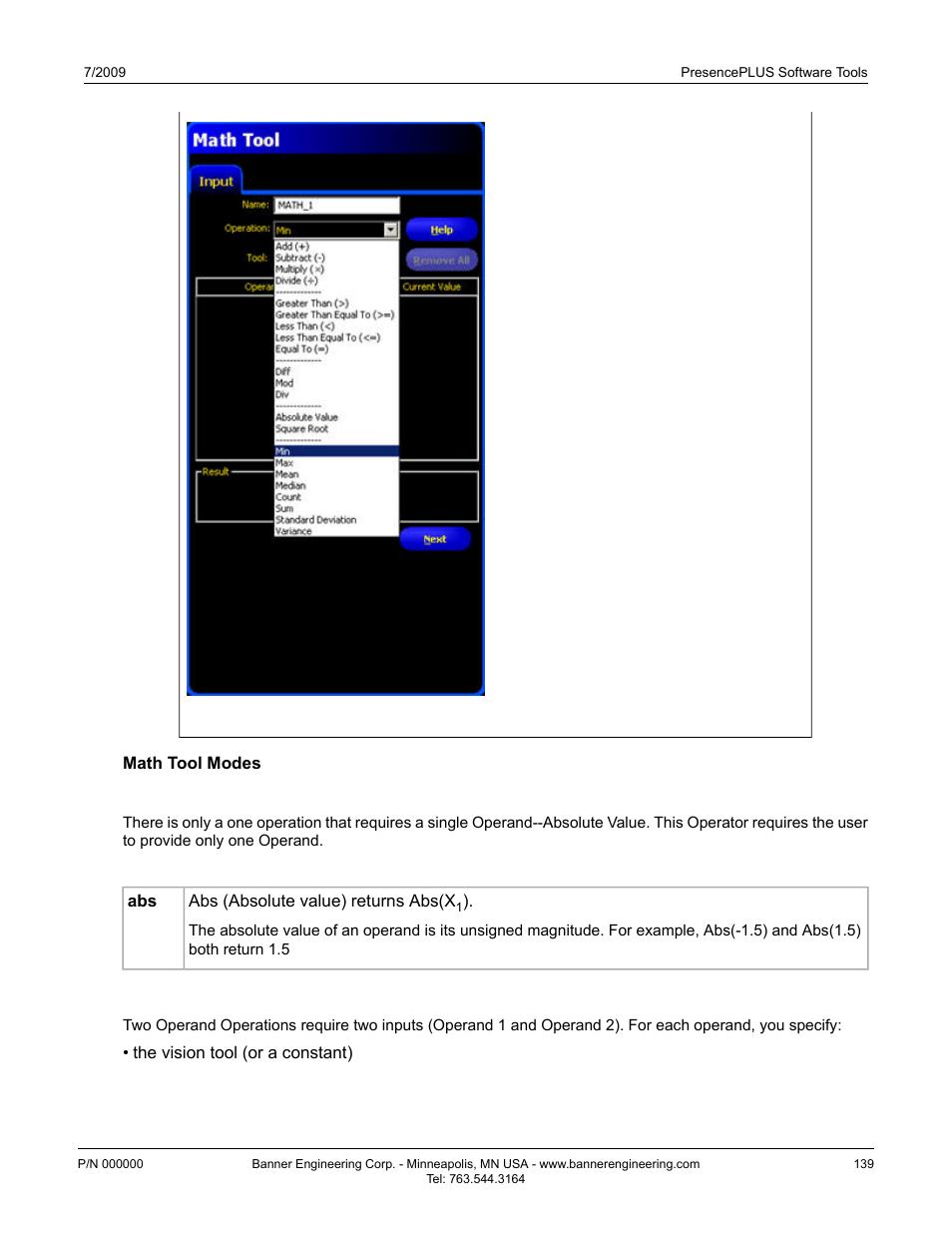 Math tool modes, One operand operation, One operand functions | Two operand operations | Banner PresencePLUS P4 GEO 1.3 Series User Manual | Page 139 / 256