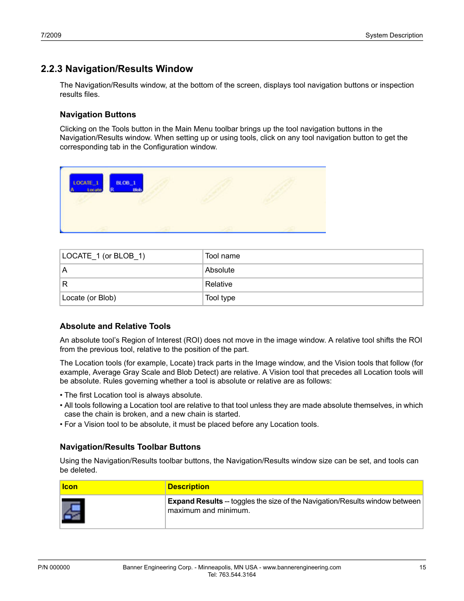 3 navigation/results window, Navigation buttons, Absolute and relative tools | Navigation/results toolbar buttons | Banner PresencePLUS P4 GEO 1.3 Series User Manual | Page 15 / 256
