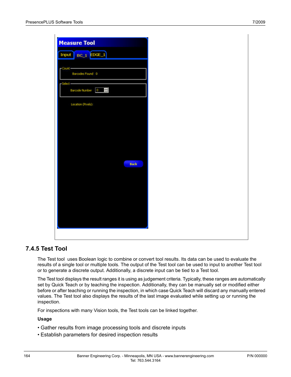 5 test tool, Test tool7.4.5 test tool | Banner PresencePLUS P4 GEO 1.3 Series User Manual | Page 164 / 256