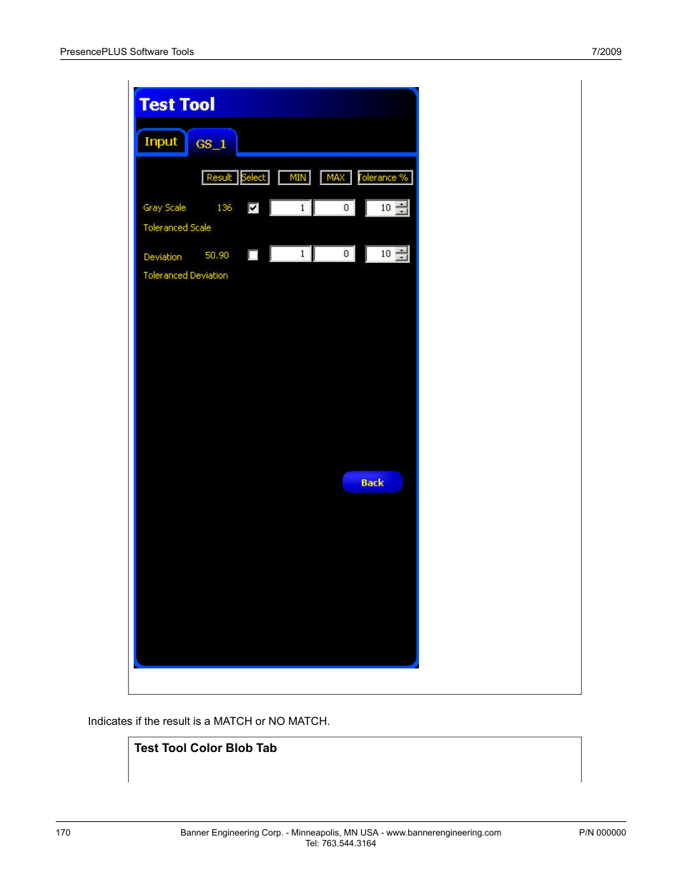 Test tool blob and color blob tab | Banner PresencePLUS P4 GEO 1.3 Series User Manual | Page 170 / 256