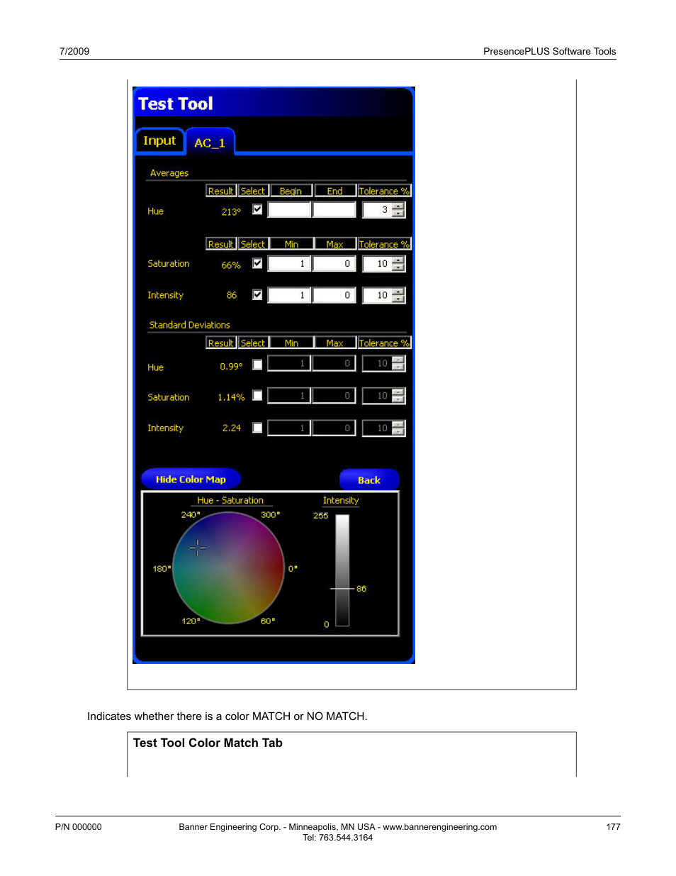 Test tool color match tab | Banner PresencePLUS P4 GEO 1.3 Series User Manual | Page 177 / 256
