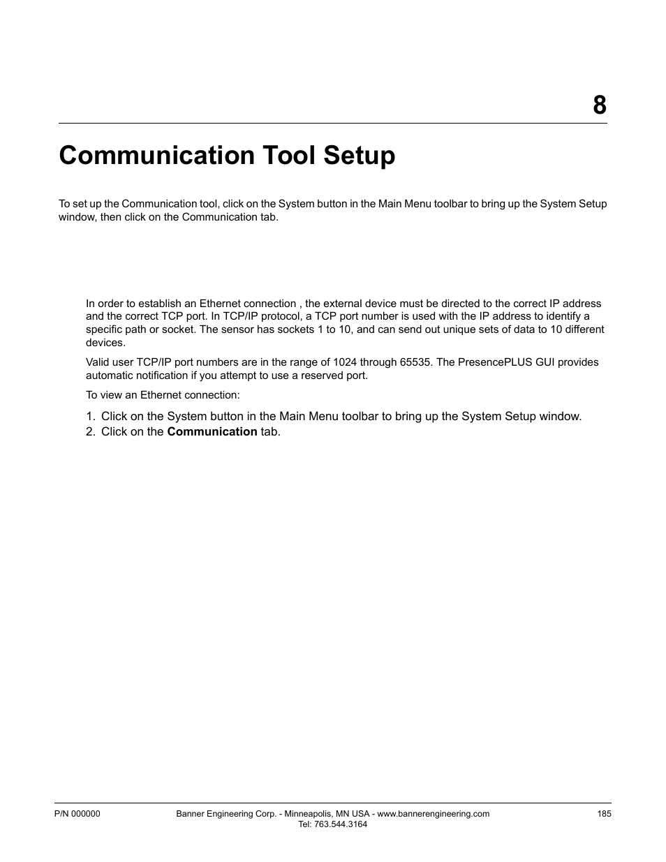 Communication tool setup, 1 ethernet connection, 8communication tool setup | Banner PresencePLUS P4 GEO 1.3 Series User Manual | Page 185 / 256