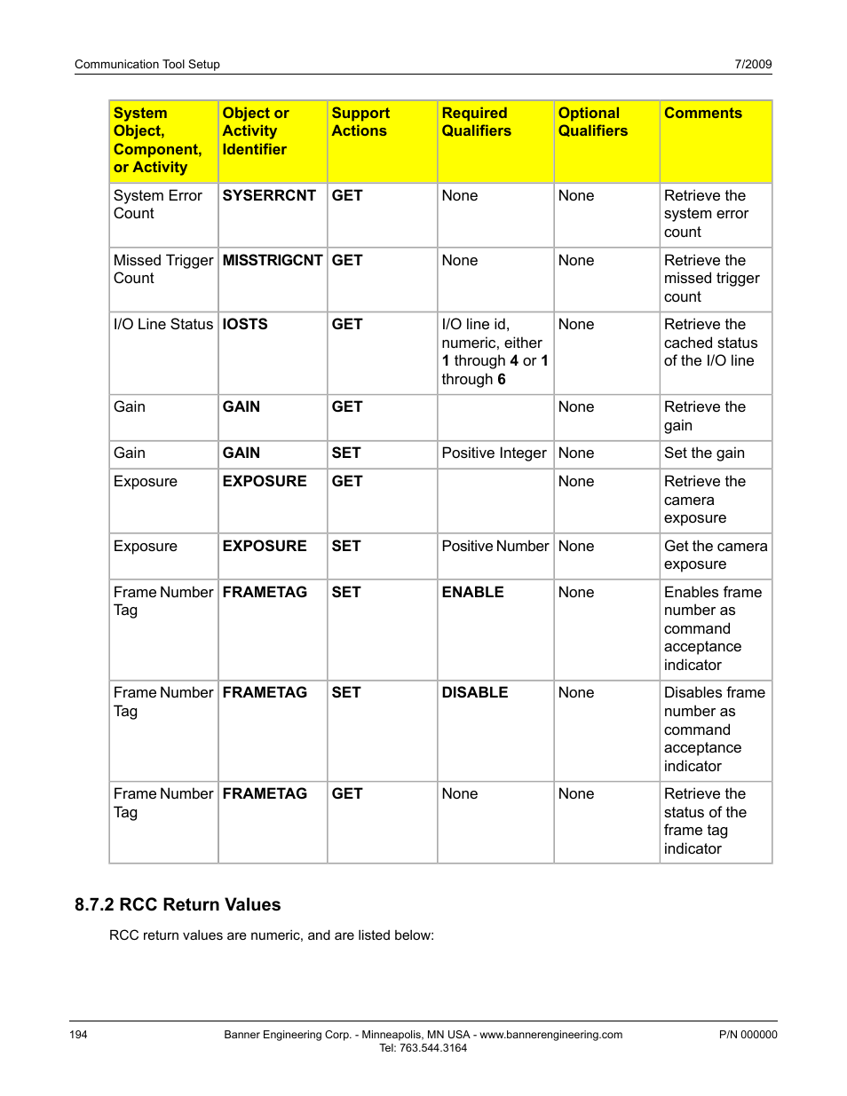2 rcc return values | Banner PresencePLUS P4 GEO 1.3 Series User Manual | Page 194 / 256