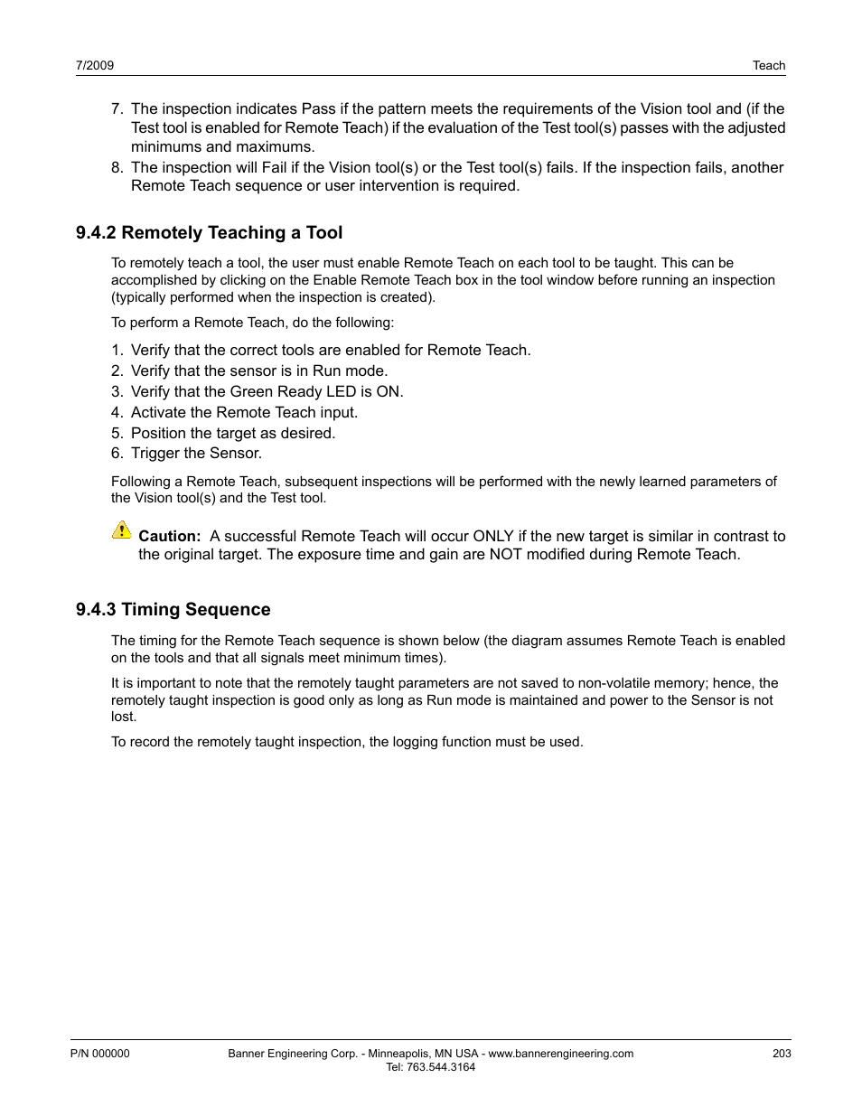 2 remotely teaching a tool, 3 timing sequence, 2 remotely teaching a tool 9.4.3 timing sequence | Banner PresencePLUS P4 GEO 1.3 Series User Manual | Page 203 / 256