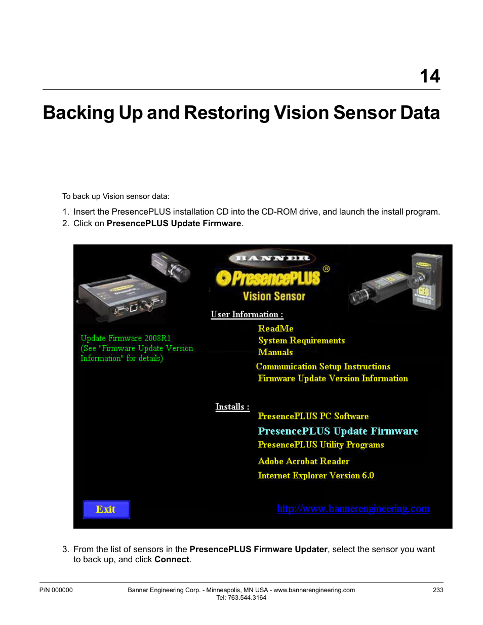 Backing up and restoring vision sensor data, 1 backing up vision sensor data, 14 backing up and restoring vision sensor data | Banner PresencePLUS P4 GEO 1.3 Series User Manual | Page 233 / 256
