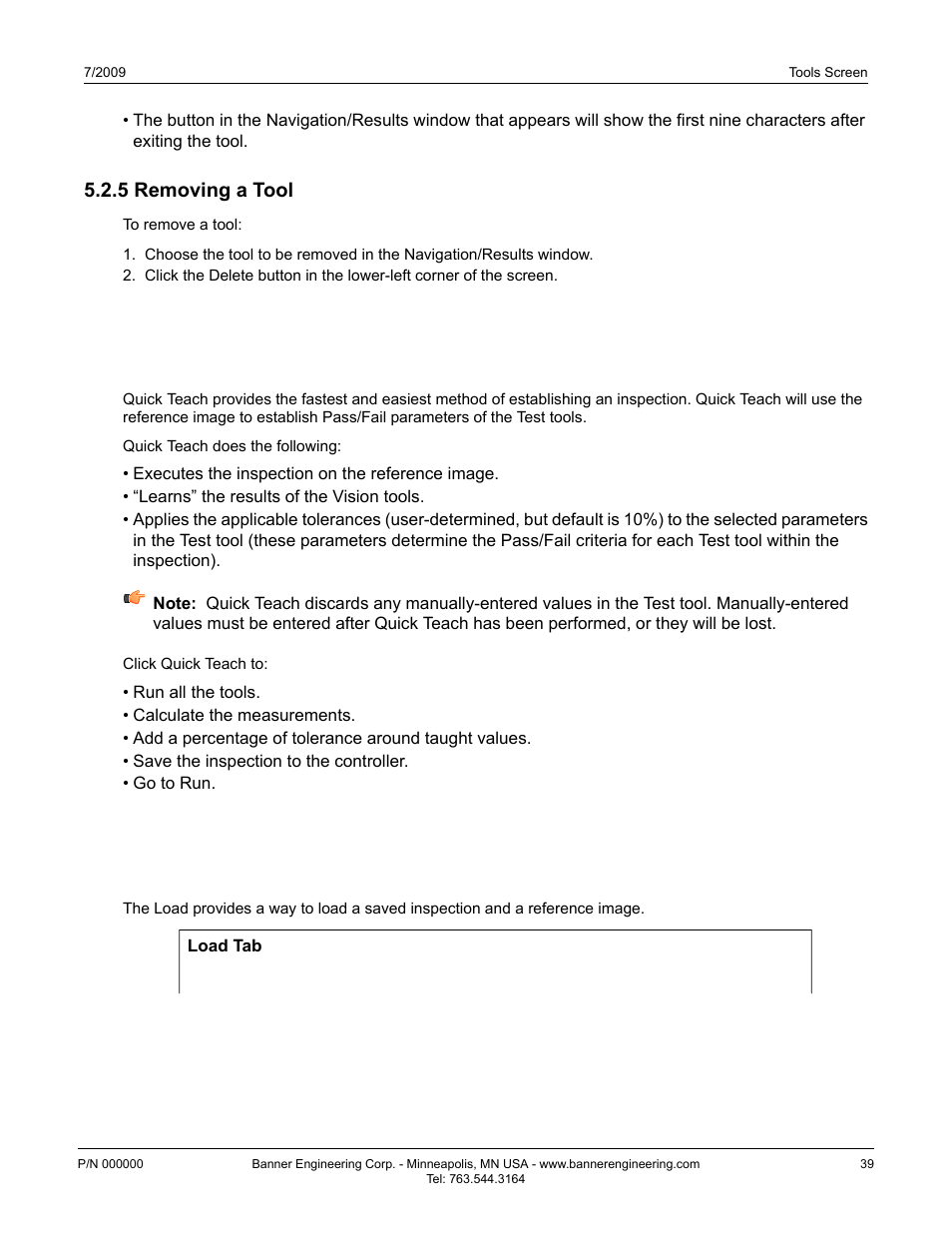 5 removing a tool, 3 quick teach, 4 load tab | 3 quick teach 5.4 load tab | Banner PresencePLUS P4 GEO 1.3 Series User Manual | Page 39 / 256