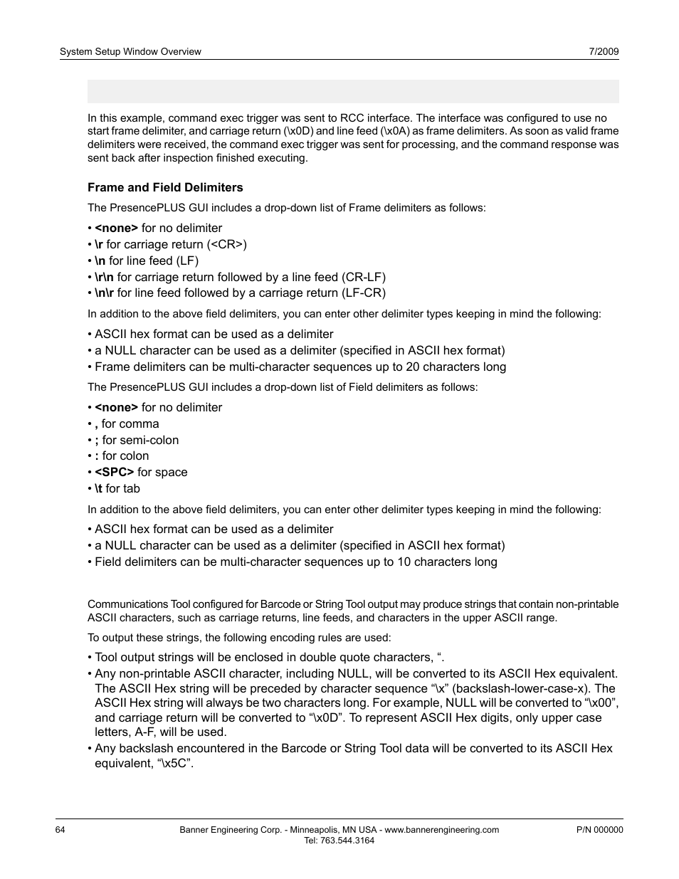 Frame and field delimiters, Character strings | Banner PresencePLUS P4 GEO 1.3 Series User Manual | Page 64 / 256