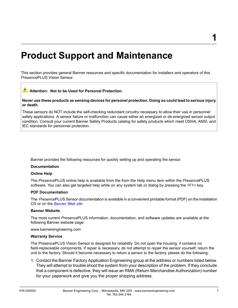 Product support and maintenance, 1 product support, 1product support and maintenance | Banner PresencePLUS P4 GEO 1.3 Series User Manual | Page 7 / 256