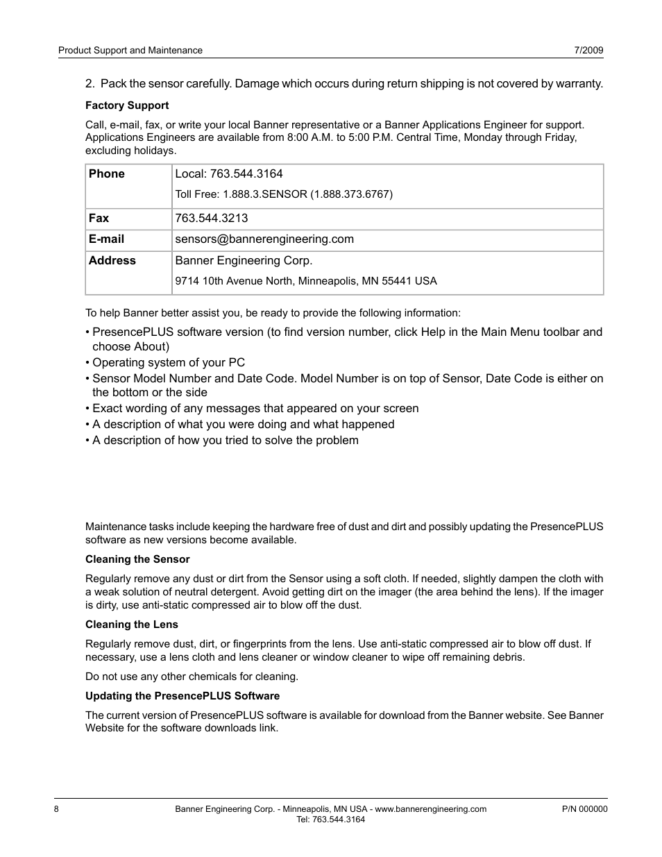 2 maintenance | Banner PresencePLUS P4 GEO 1.3 Series User Manual | Page 8 / 256