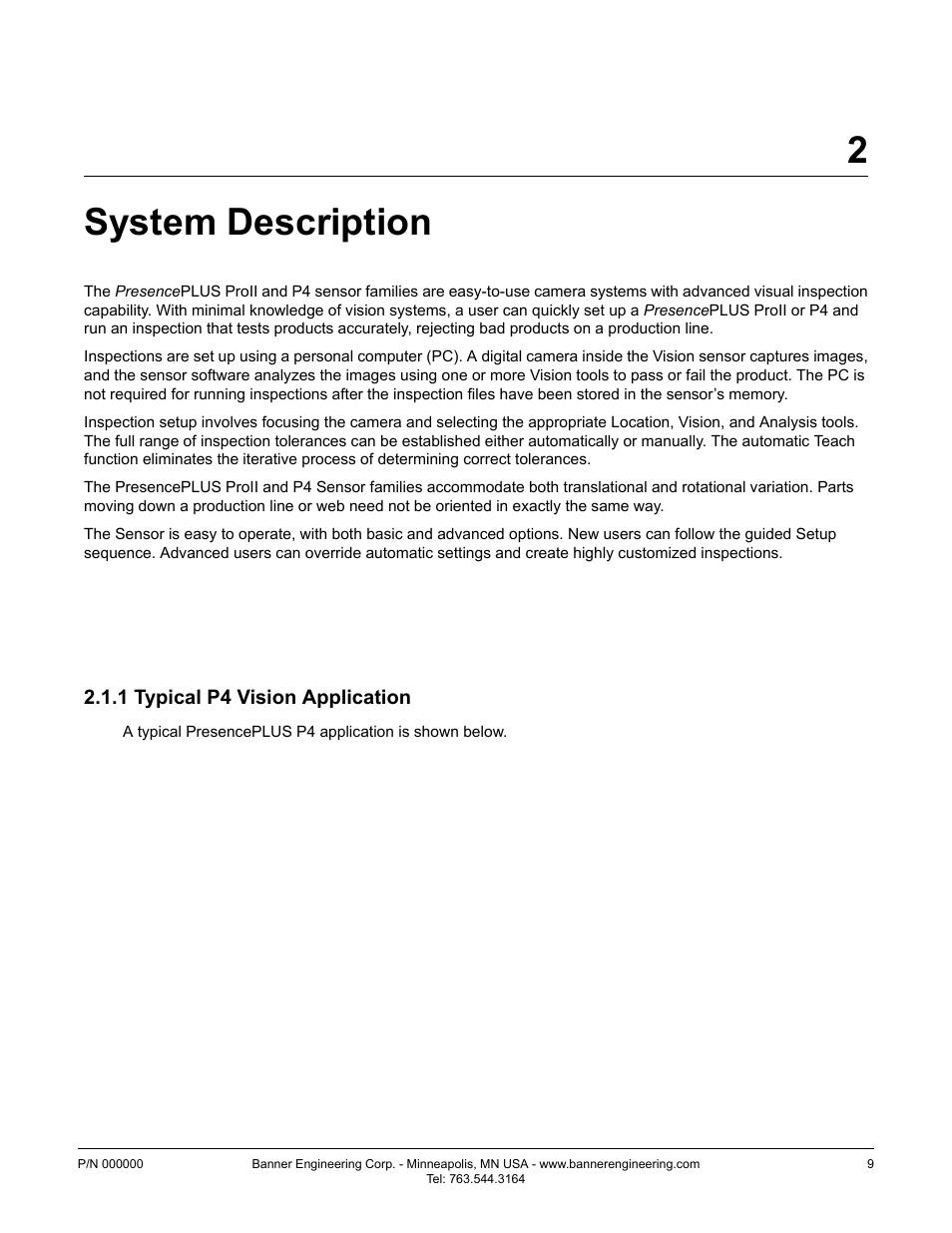 System description, 1 p4 vision sensors, 1 typical p4 vision application | 2system description | Banner PresencePLUS P4 GEO 1.3 Series User Manual | Page 9 / 256