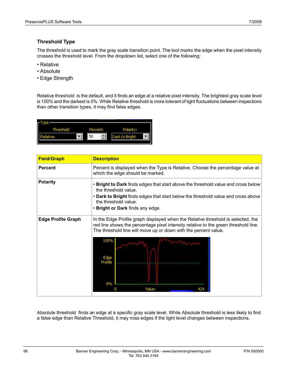 Threshold type, Relative threshold, Absolute threshold | Threshold type7.2.1.2 threshold type | Banner PresencePLUS P4 GEO 1.3 Series User Manual | Page 98 / 256