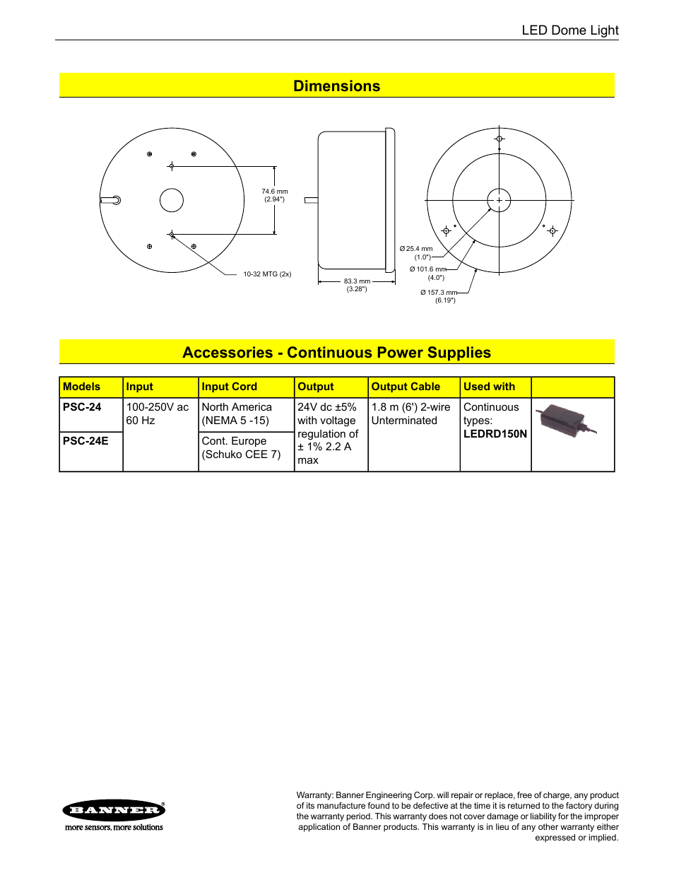 Dimensions, Accessories - continuous power supplies, Led dome light | Banner PresencePLUS Lighting User Manual | Page 2 / 2