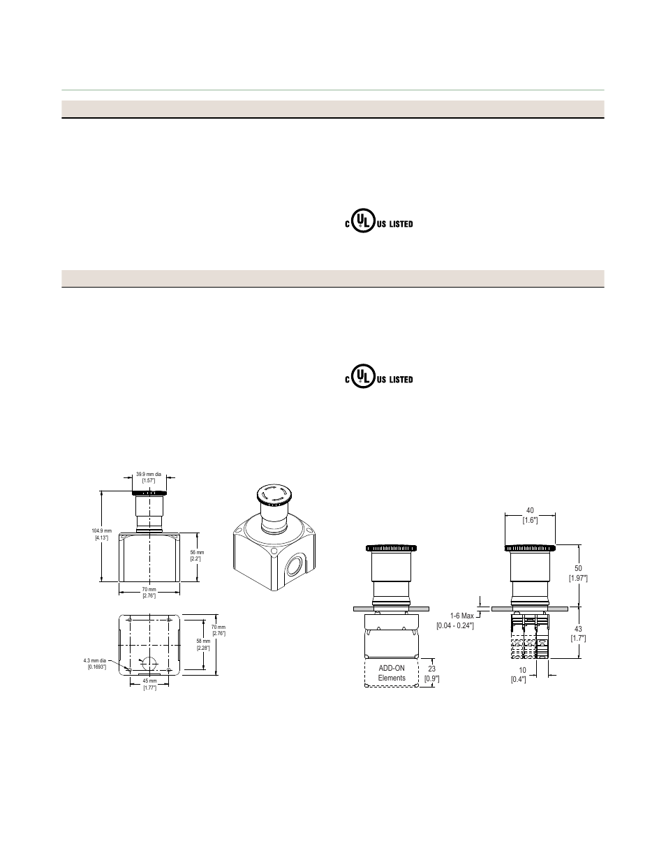 Specifications, Dimensions | Banner Mechanical E-Stop Buttons User Manual | Page 4 / 5
