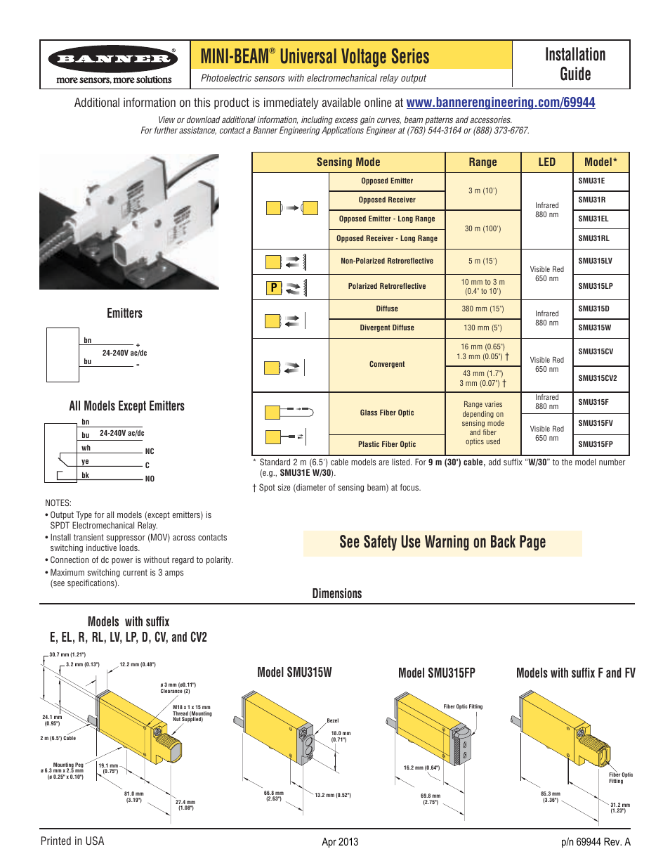 Banner MINI-BEAM Series User Manual | 4 pages