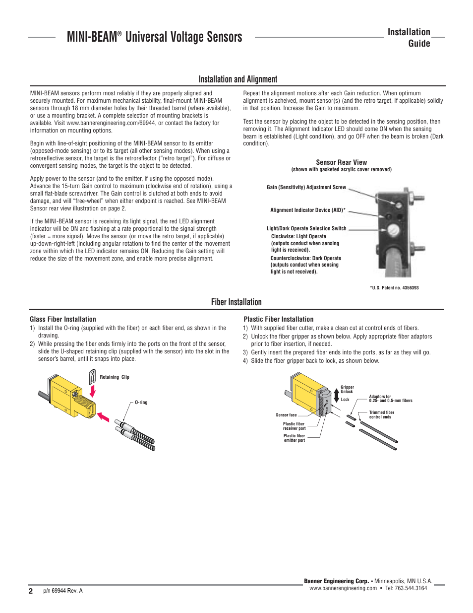 Mini-beam, Universal voltage sensors, Installation guide installation and alignment | Fiber installation | Banner MINI-BEAM Series User Manual | Page 2 / 4