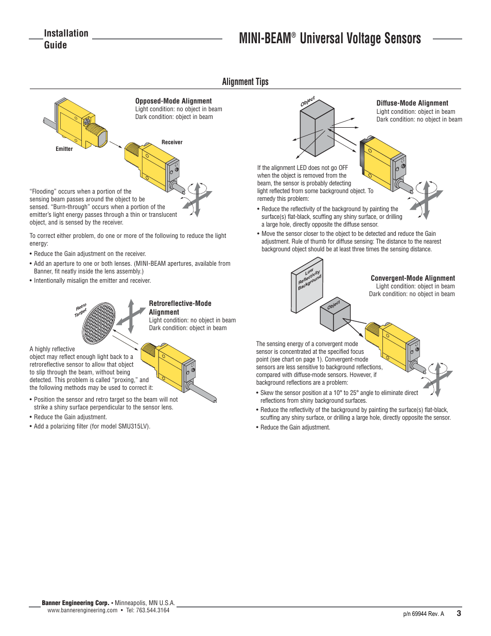 Mini-beam, Universal voltage sensors, Installation guide | Alignment tips | Banner MINI-BEAM Series User Manual | Page 3 / 4