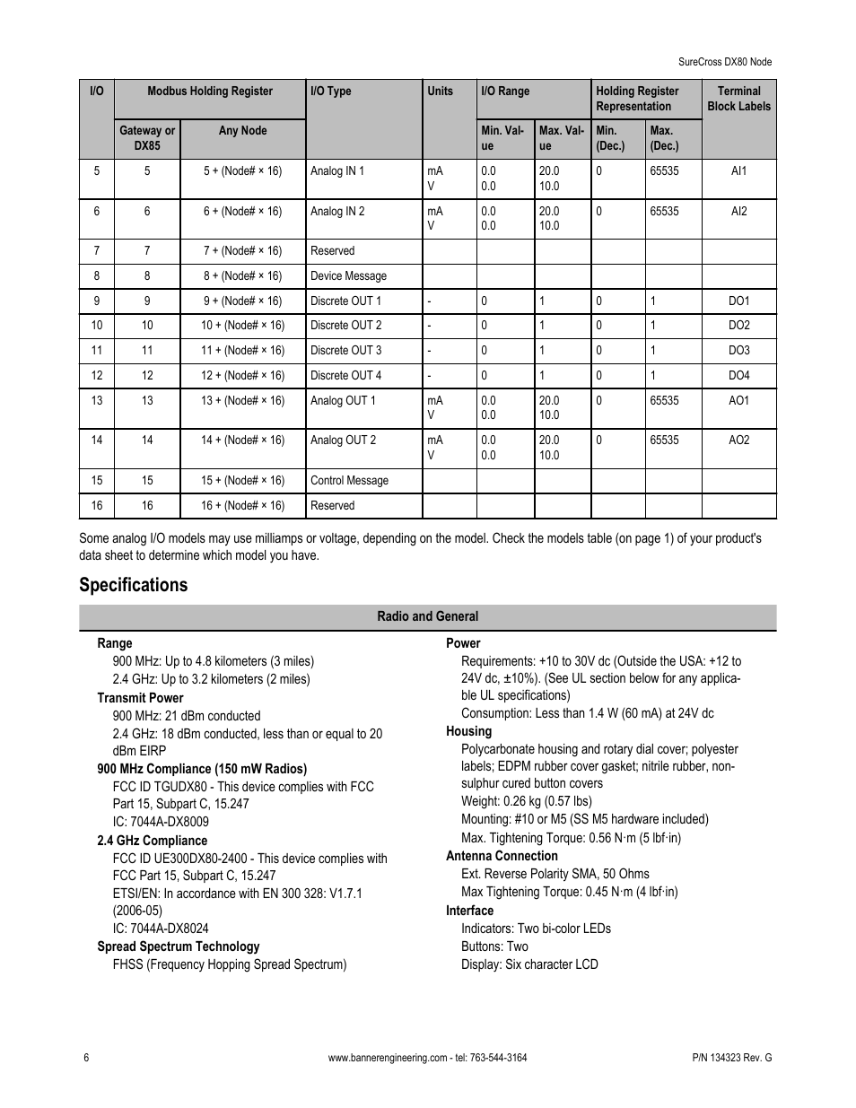 Specifications | Banner SureCross DX80 Wireless Networks User Manual | Page 6 / 8