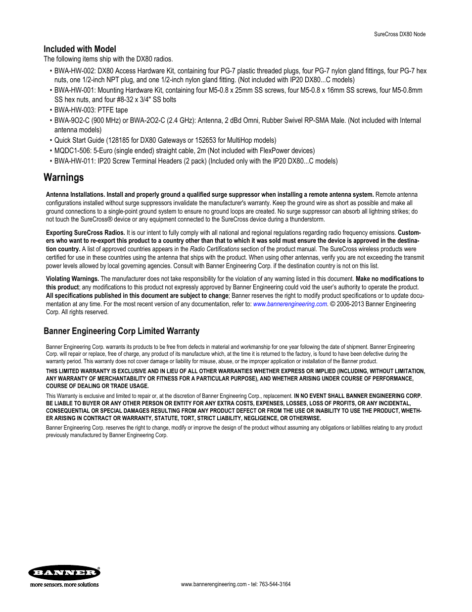 Warnings, Included with model, Banner engineering corp limited warranty | Banner SureCross DX80 Wireless Networks User Manual | Page 8 / 8