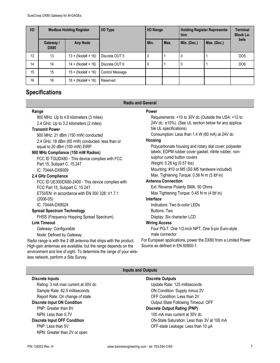 Specifications | Banner SureCross DX80 Wireless Networks User Manual | Page 7 / 9