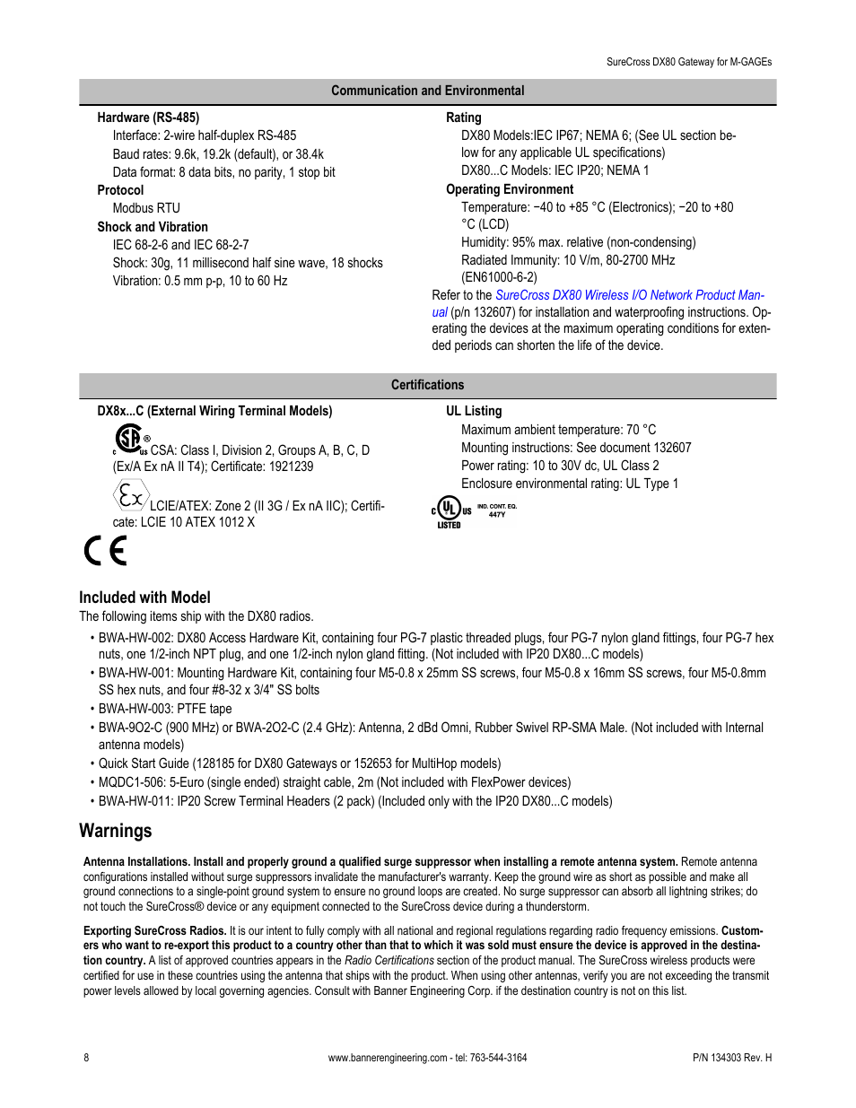 Warnings | Banner SureCross DX80 Wireless Networks User Manual | Page 8 / 9