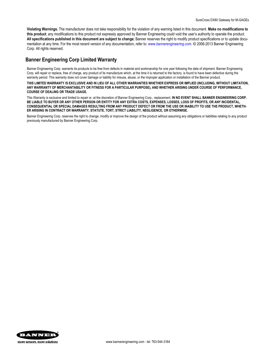 Banner engineering corp limited warranty | Banner SureCross DX80 Wireless Networks User Manual | Page 9 / 9