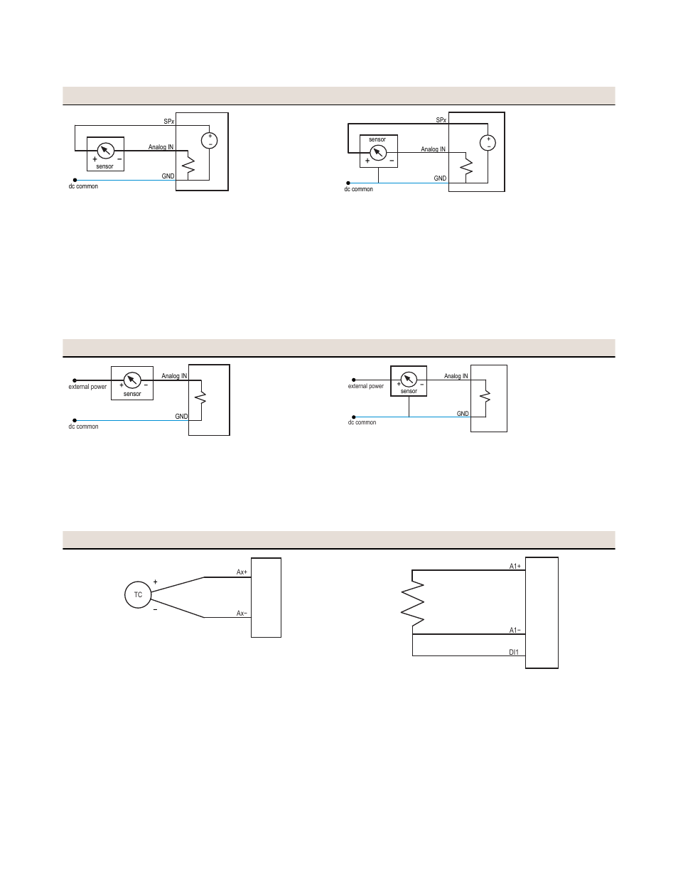 2 analog inputs, powered from switch power, 3 analog inputs, powered externally, 4 analog inputs, temperature sensors | Banner SureCross DX80 Wireless Networks User Manual | Page 65 / 107