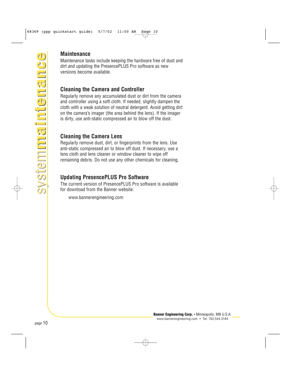 System maintenance system maintenance | Banner PresencePLUS Pro COLOR—PROII Camera User Manual | Page 10 / 16