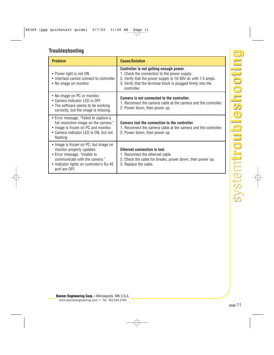 System troubleshooting system troubleshooting | Banner PresencePLUS Pro COLOR—PROII Camera User Manual | Page 11 / 16