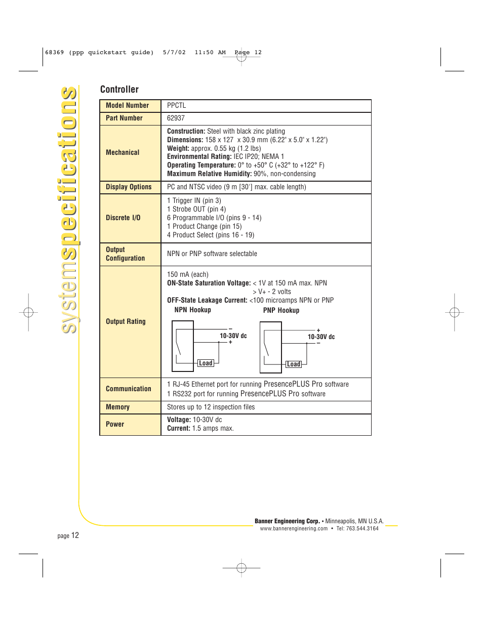 System specifications system specifications | Banner PresencePLUS Pro COLOR—PROII Camera User Manual | Page 12 / 16