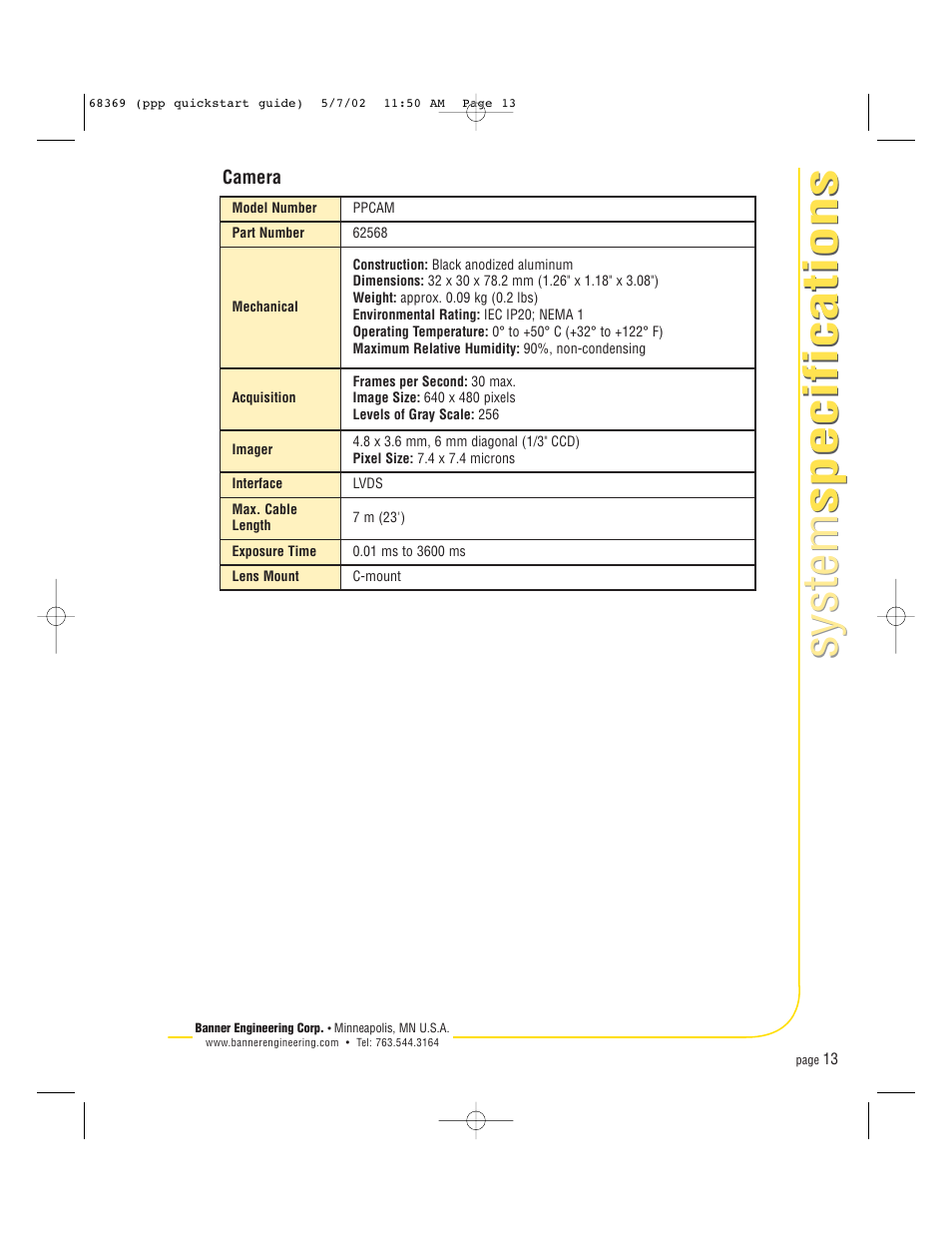 System specifications system specifications | Banner PresencePLUS Pro COLOR—PROII Camera User Manual | Page 13 / 16