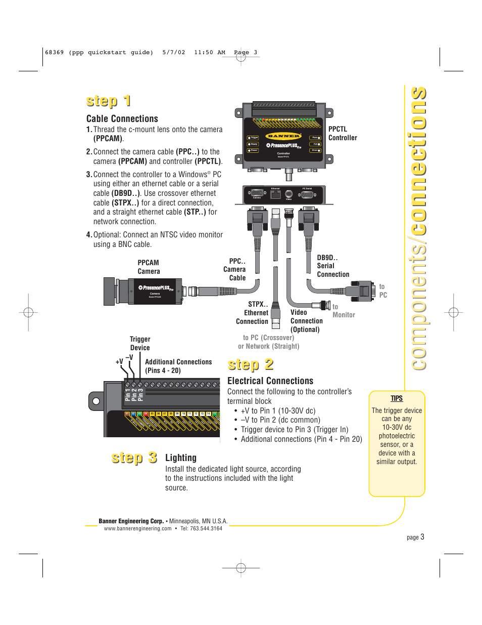 Components/ connections components/ connections, Step 1, Cable connections | Electrical connections, Lighting, Tips, Banner engineering corp, Minneapolis, mn u.s.a, Page, Pin 1 pin 2 pin 3 | Banner PresencePLUS Pro COLOR—PROII Camera User Manual | Page 3 / 16