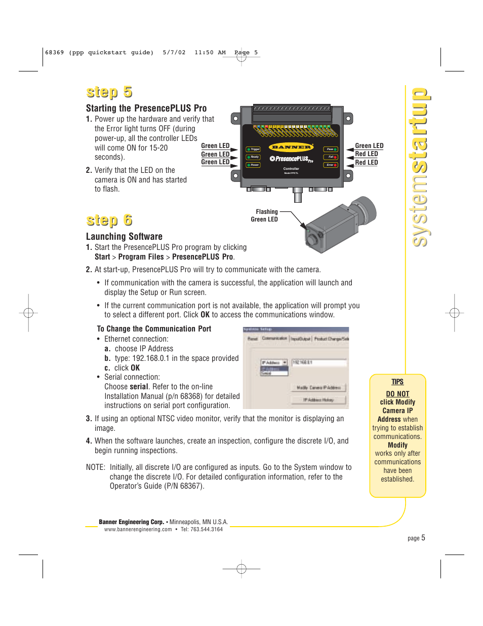 System startup system startup, Step 6, Step 5 | Launching software, Starting the presenceplus pro, Tips | Banner PresencePLUS Pro COLOR—PROII Camera User Manual | Page 5 / 16