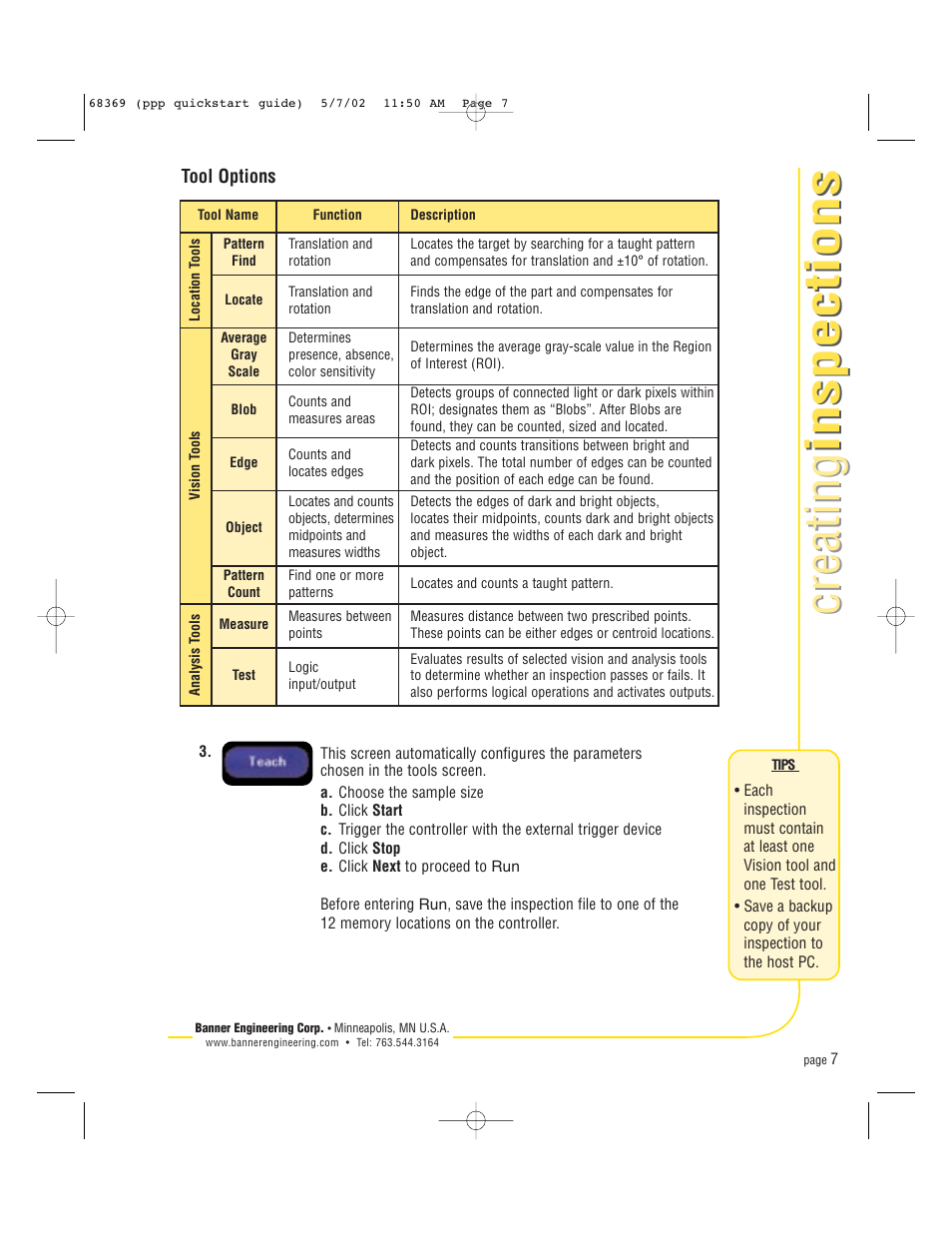 Creating inspections creating inspections | Banner PresencePLUS Pro COLOR—PROII Camera User Manual | Page 7 / 16