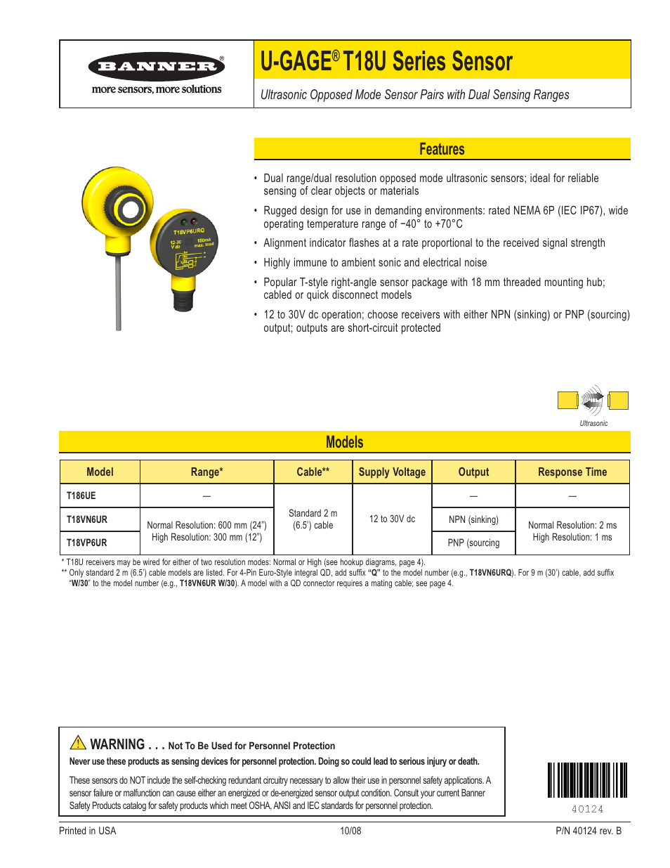 Banner U-GAGE T18U Ultrasonic Sensors User Manual | 4 pages