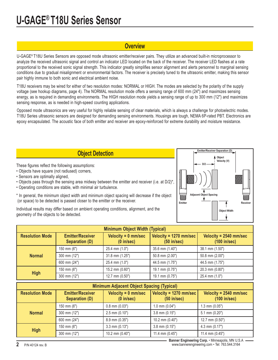 U-gage, T18u series sensor, Object detection | Overview | Banner U-GAGE T18U Ultrasonic Sensors User Manual | Page 2 / 4