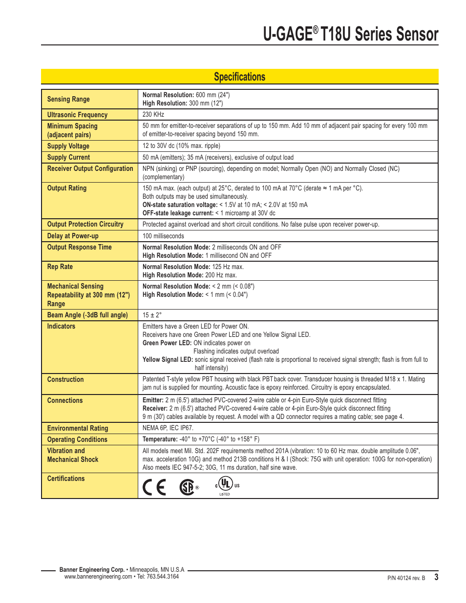 U-gage, T18u series sensor, Specifications | Banner U-GAGE T18U Ultrasonic Sensors User Manual | Page 3 / 4