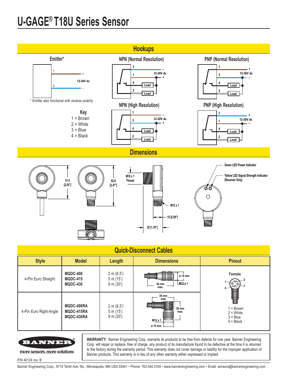 U-gage, T18u series sensor, Quick-disconnect cables | Dimensions hookups, Style model length dimensions pinout, 1 = brown 2 = white 3 = blue 4 = black | Banner U-GAGE T18U Ultrasonic Sensors User Manual | Page 4 / 4