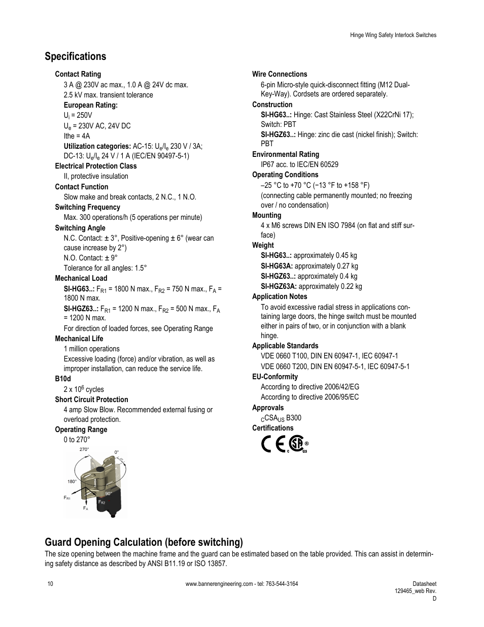 Specifications, Guard opening calculation (before switching) | Banner SI-HG63 Hinge Style Switches User Manual | Page 10 / 14