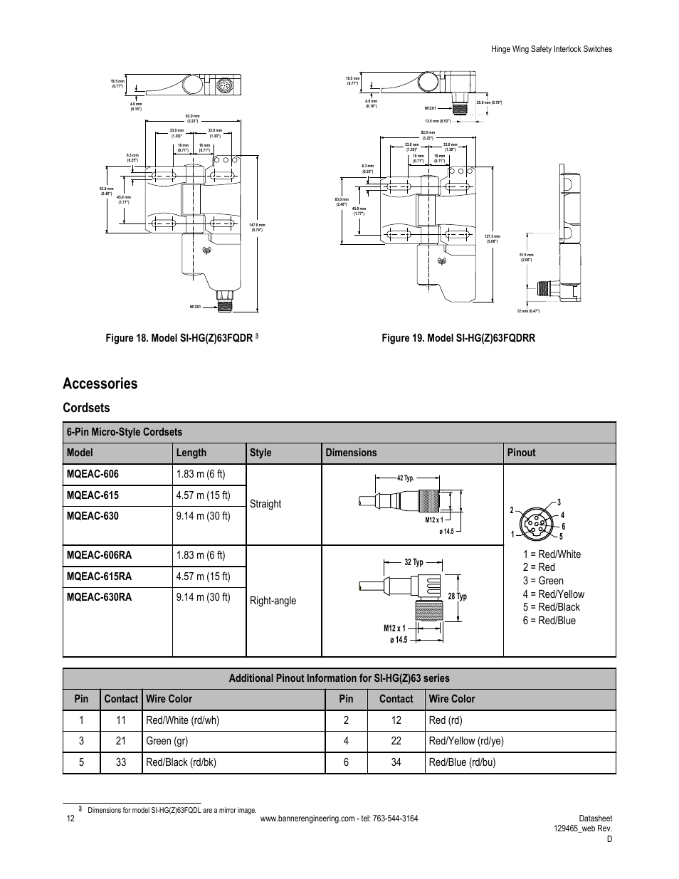 Accessories, Cordsets, Figure 18. model si-hg(z)63fqdr | Figure 19. model si-hg(z)63fqdrr | Banner SI-HG63 Hinge Style Switches User Manual | Page 12 / 14