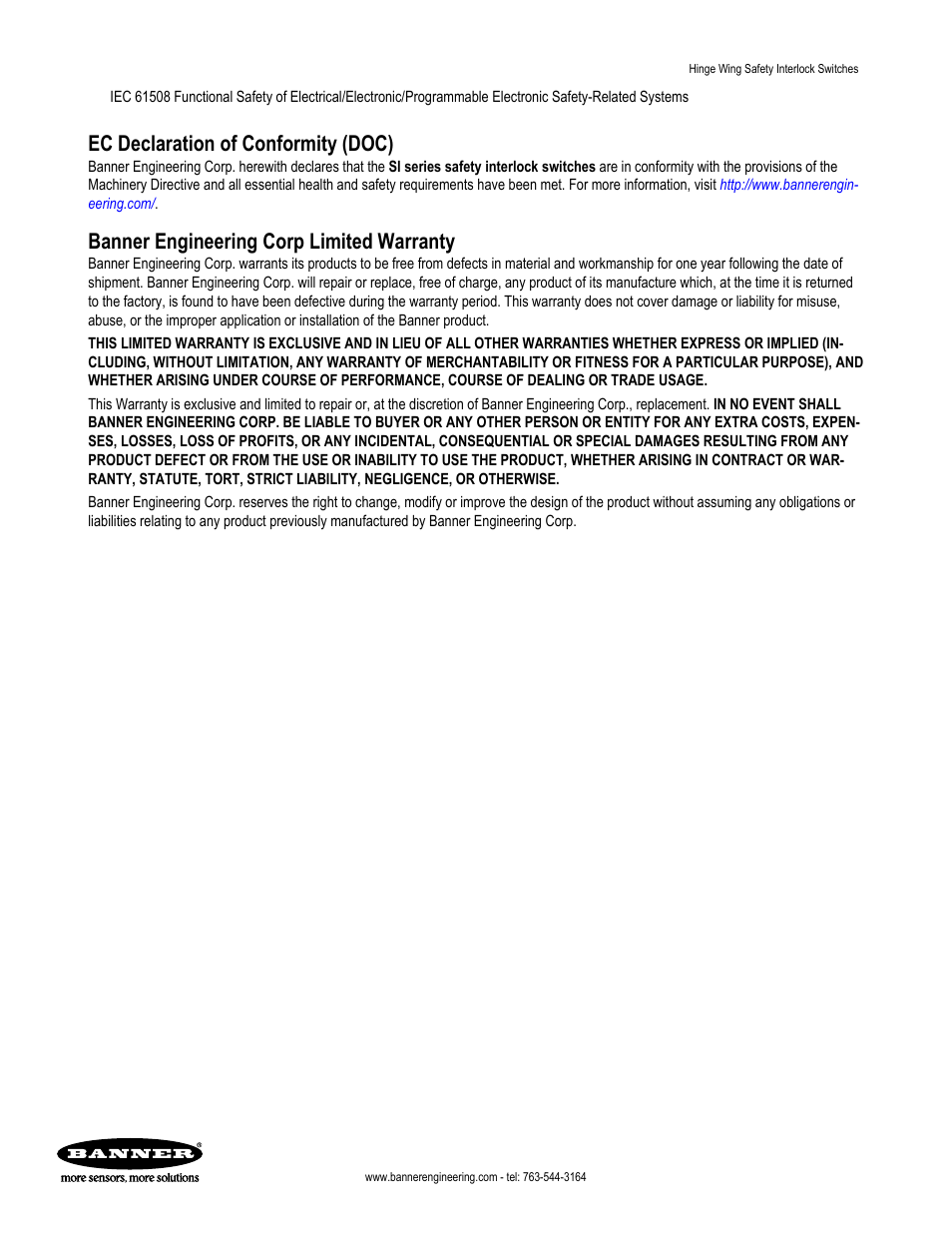 Ec declaration of conformity (doc), Banner engineering corp limited warranty | Banner SI-HG63 Hinge Style Switches User Manual | Page 14 / 14