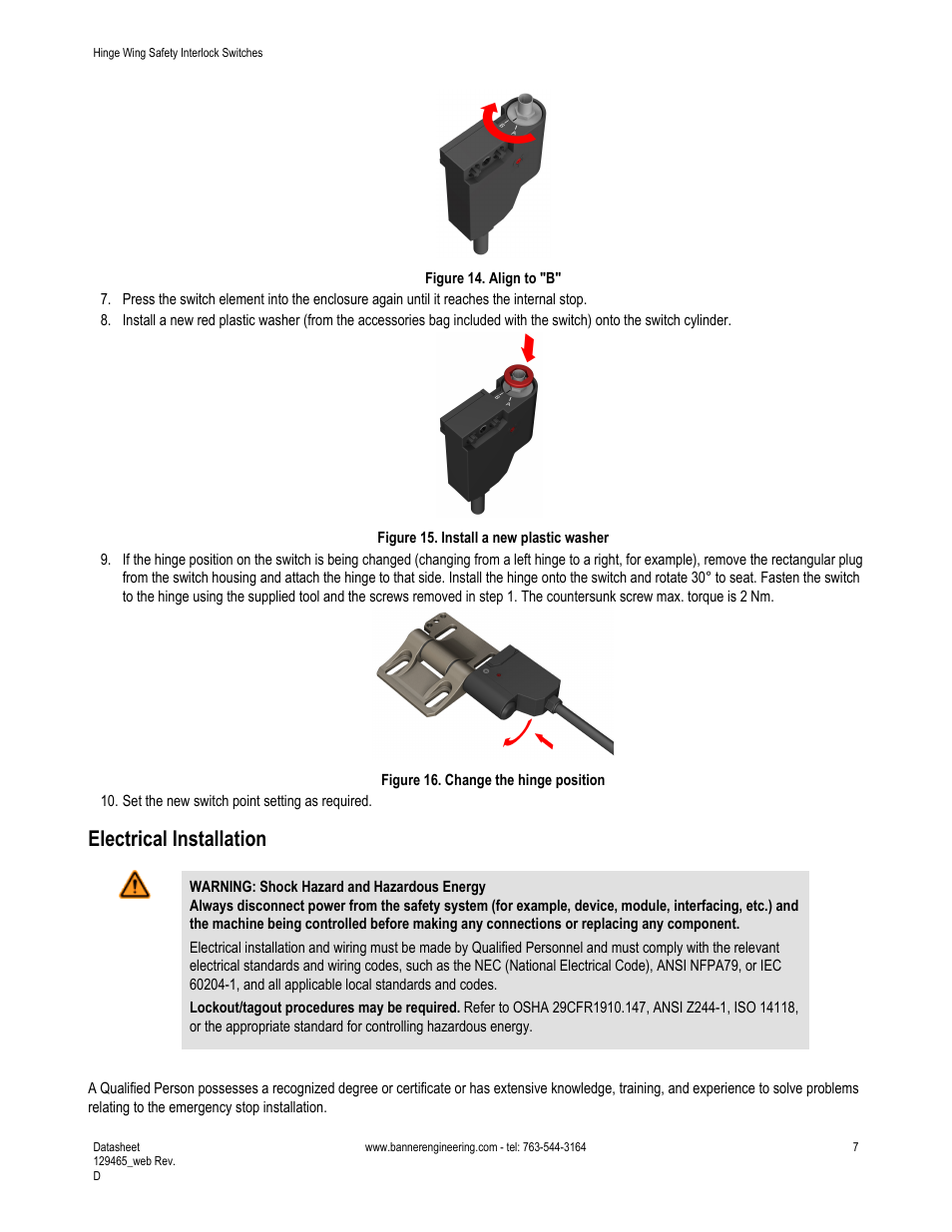 Electrical installation | Banner SI-HG63 Hinge Style Switches User Manual | Page 7 / 14