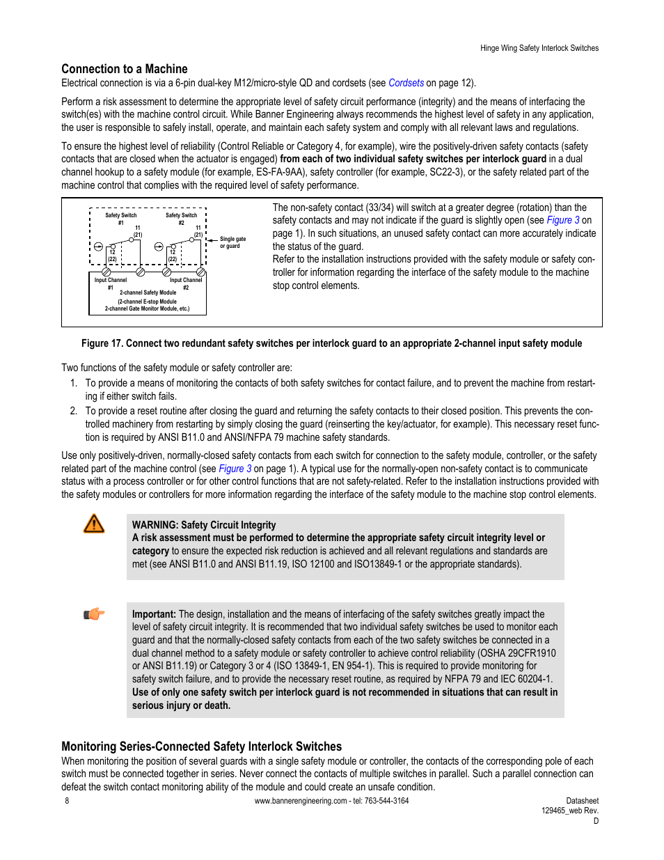Connection to a machine | Banner SI-HG63 Hinge Style Switches User Manual | Page 8 / 14