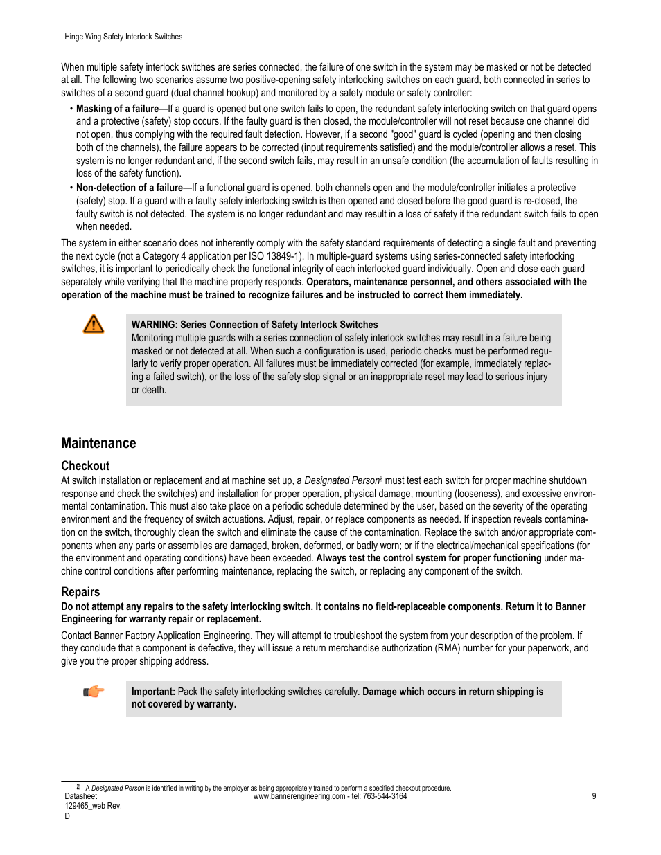 Maintenance, Checkout, Repairs | Banner SI-HG63 Hinge Style Switches User Manual | Page 9 / 14